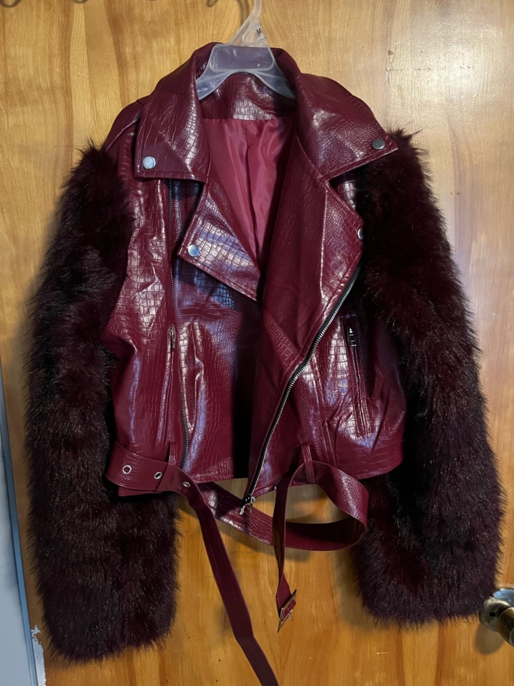 Women’s Faux Leather Moto Jacket with Faux Fur Sleeves - Burgundy